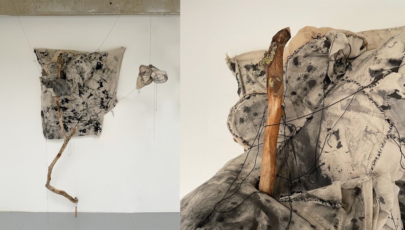 Ccontemporary art work consisting of hanging pieces of fabric and branches