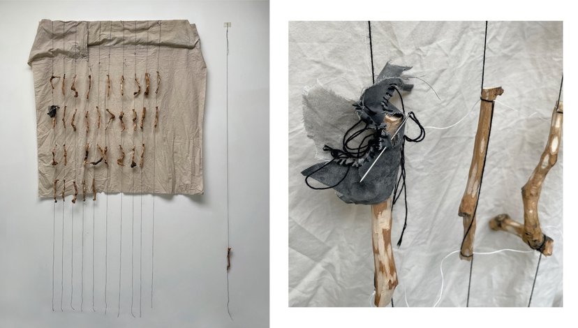 Contemporary art by Adriana Jaros, hanging pieces of wood and fabric
