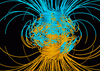 Computer simulation of the Earth's field in a period of normal polarity between reversals. The lines represent magnetic field lines, blue when the field points towards the center and yellow when away.