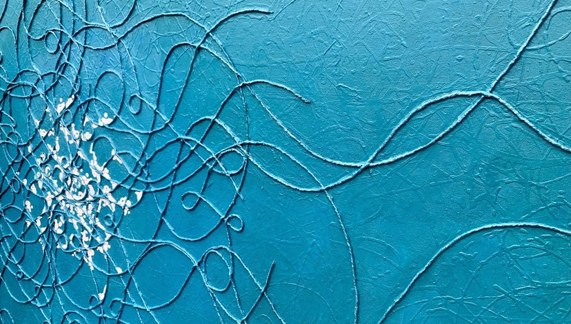 Contemporary art piece, blue swirls and white spots on a blue background