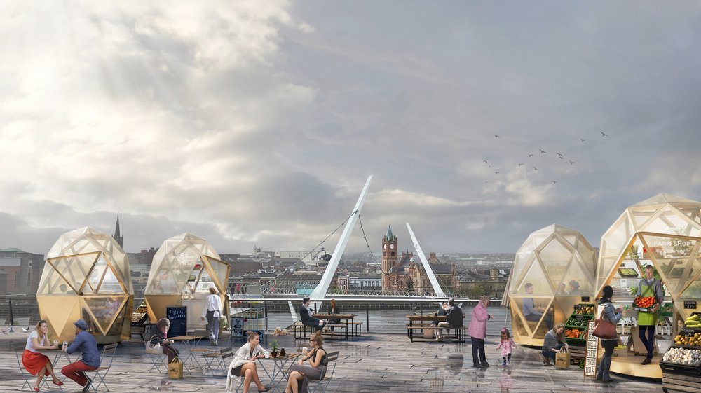 Foyle Bubbles along the River Foyle, Norther Ireland, 2018: part of an urban regeneration project to animate public space and provide opportunities for local entrepreneurs in a riverfront area known as a public health blackspot