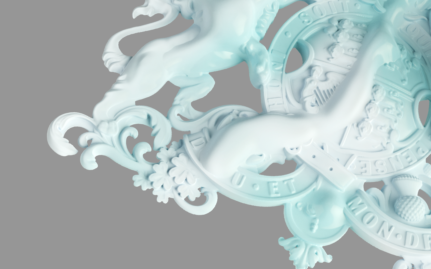 The brand identity for the Festival of Communication, featuring detail of a 3D render of the RCA logo in a pale turquoise inflatable material, with elements swollen and bubbling like a balloon.